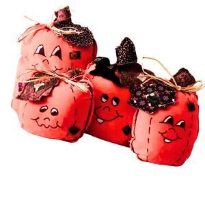 Vintage Fabric Pumpkin Décor Set of 4 – Primitive Handmade Fall Halloween